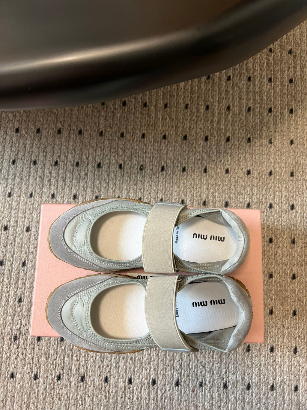 MIUMIU 26S BALLERINAS SHOES IN SAGE GREEN TYRE TECHNICAL FABRIC GREY SUEDE