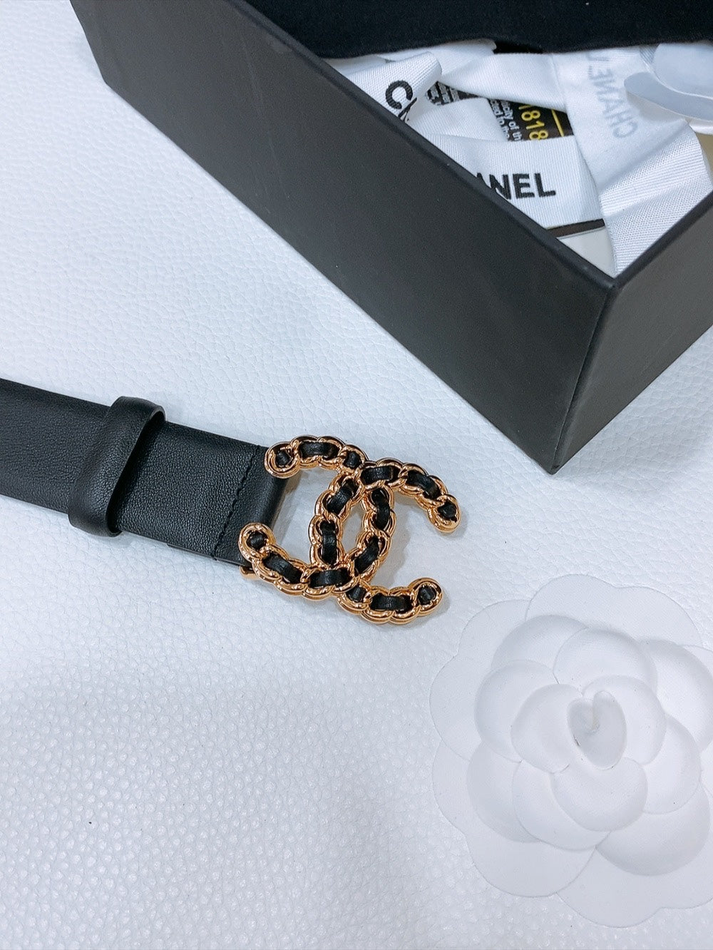 DOUBLE C BELT 30MM IN BLACK CALFSKIN INTERWOVEN GOLD CHAIN BUCKLE