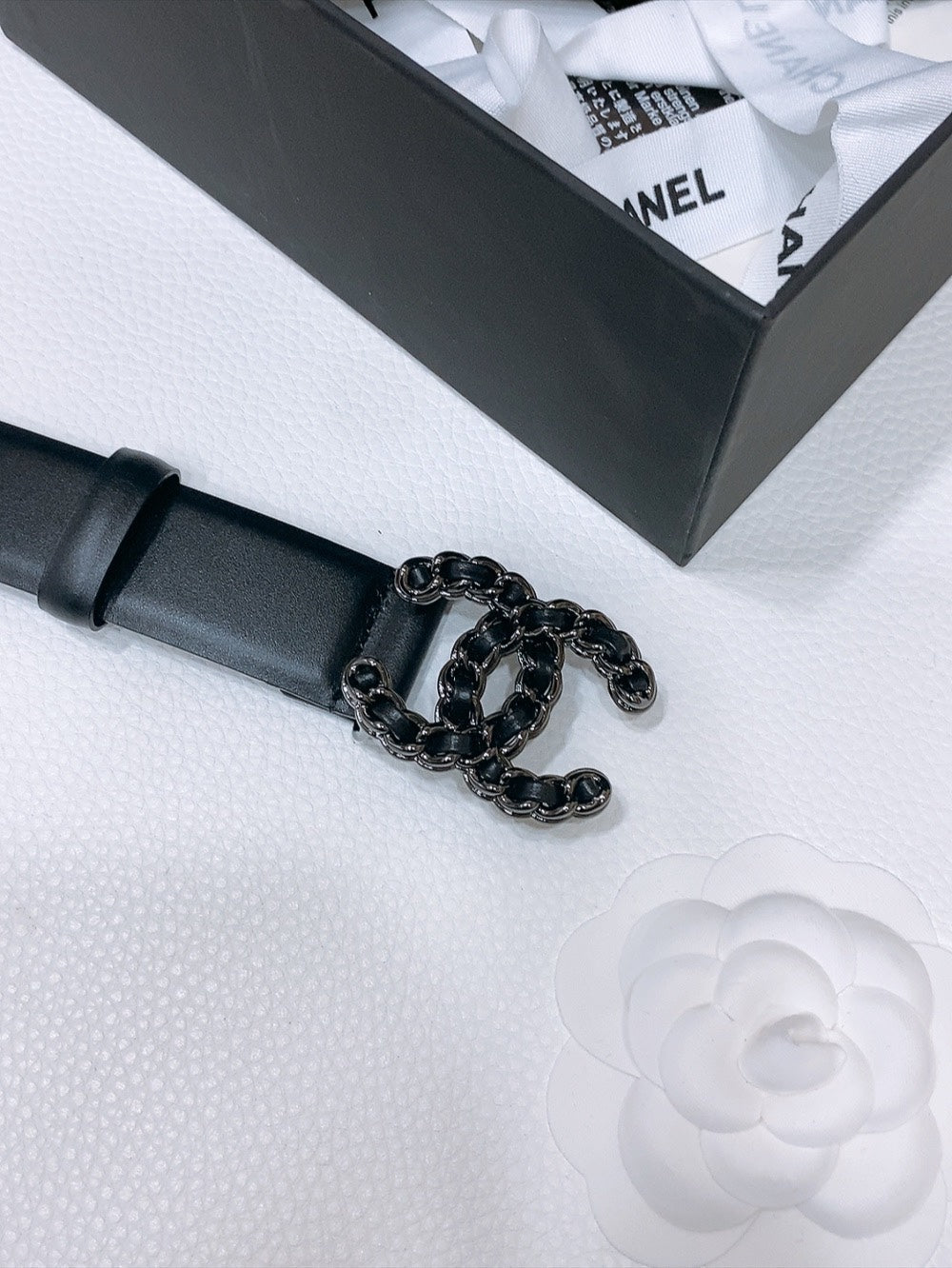 DOUBLE C BELT 30MM IN BLACK CALFSKIN INTERWOVEN CHAIN BUCKLE