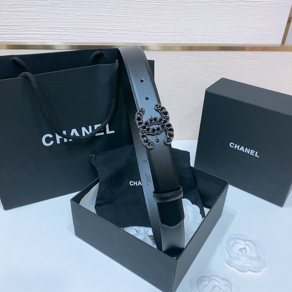 DOUBLE C BELT 30MM IN BLACK CALFSKIN INTERWOVEN CHAIN BUCKLE