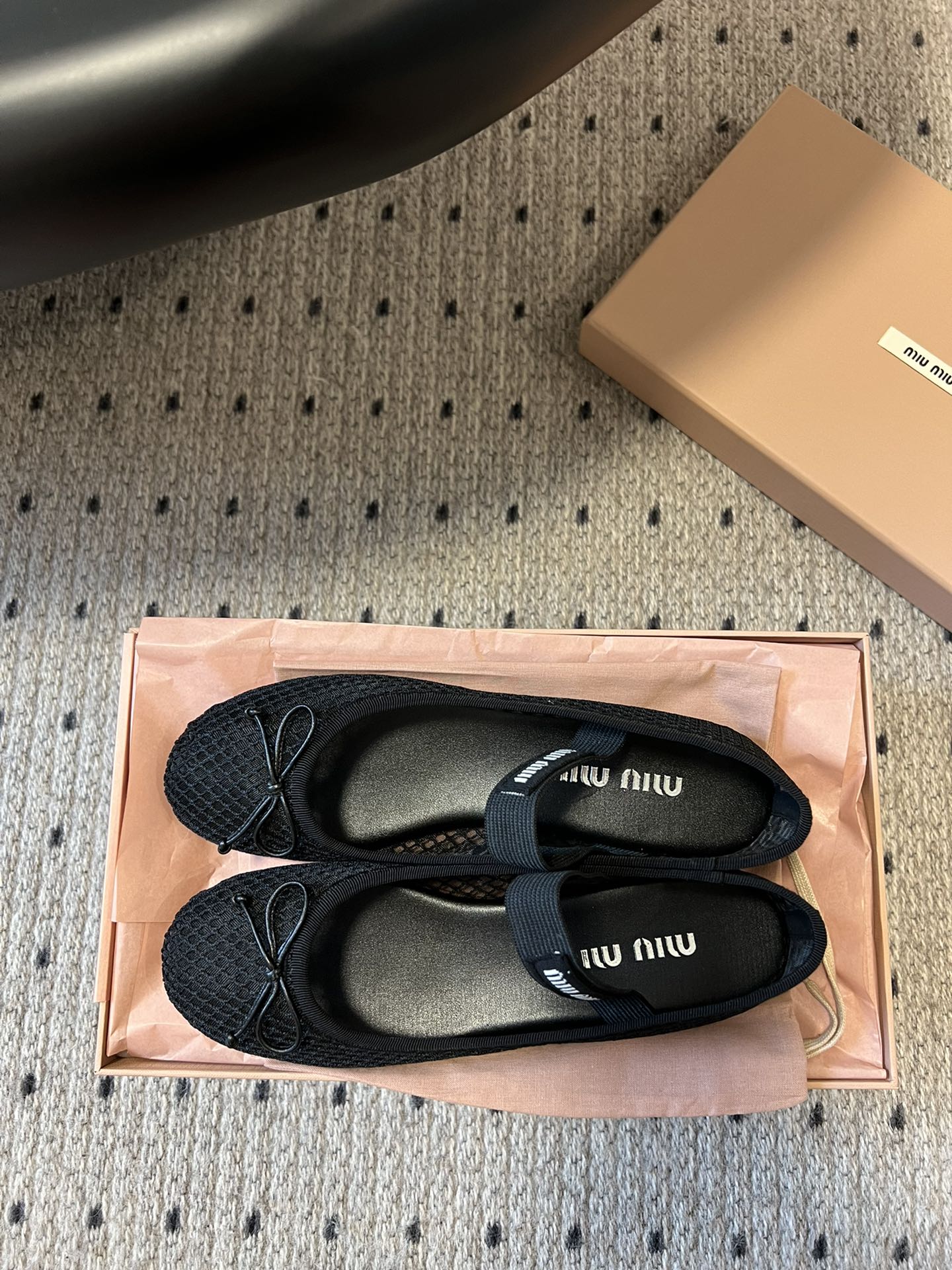 MIUMIU 26S BALLERINAS IN BLACK MESH FABRIC WITH BOW