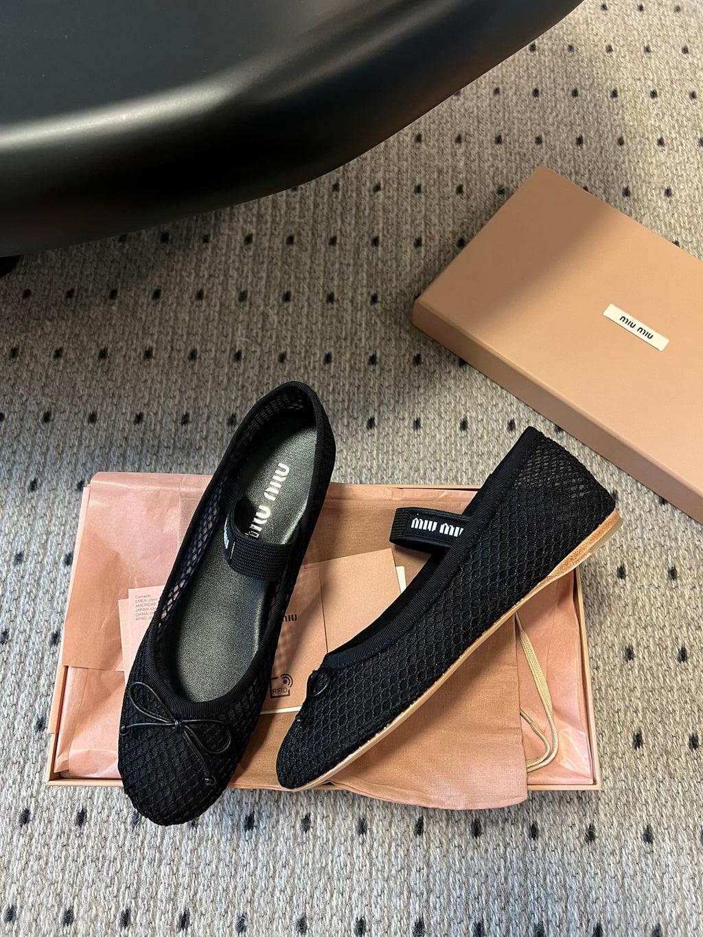 MIUMIU 26S BALLERINAS IN BLACK MESH FABRIC WITH BOW