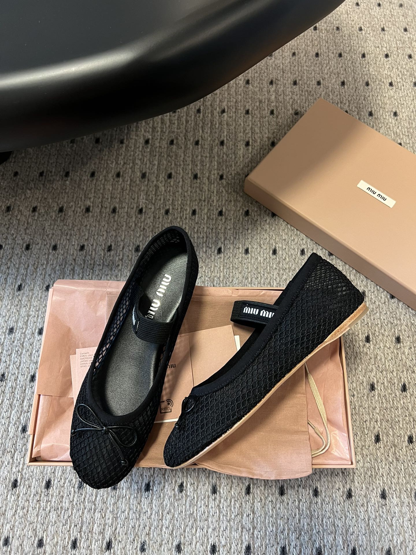 MIUMIU 26S BALLERINAS IN BLACK MESH FABRIC WITH BOW
