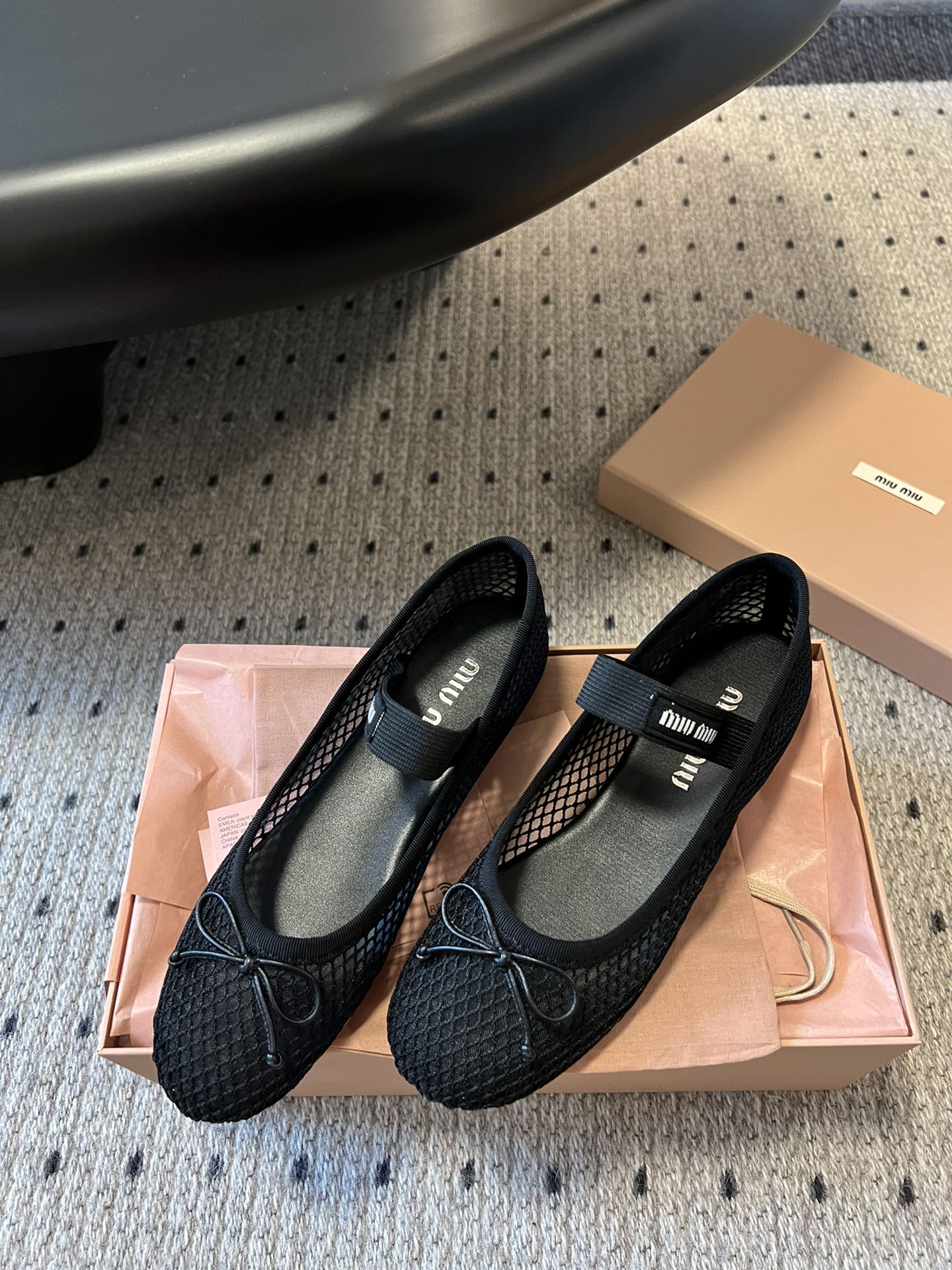 MIUMIU 26S BALLERINAS IN BLACK MESH FABRIC WITH BOW