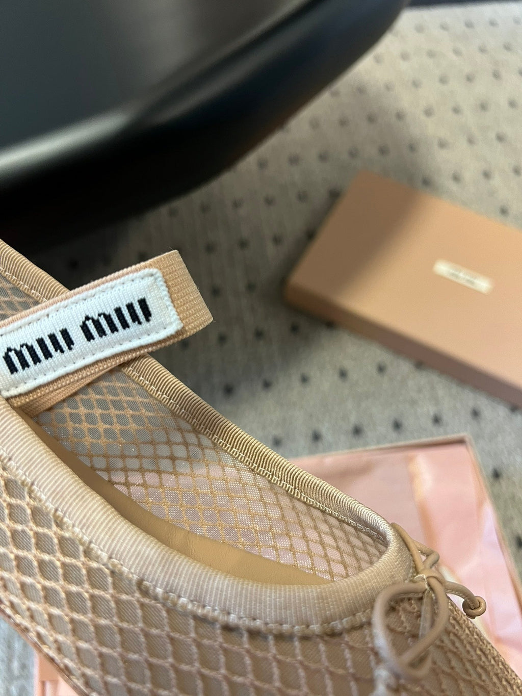 MIUMIU 26S BALLERINAS IN BEIGE MESH FABRIC WITH BOW