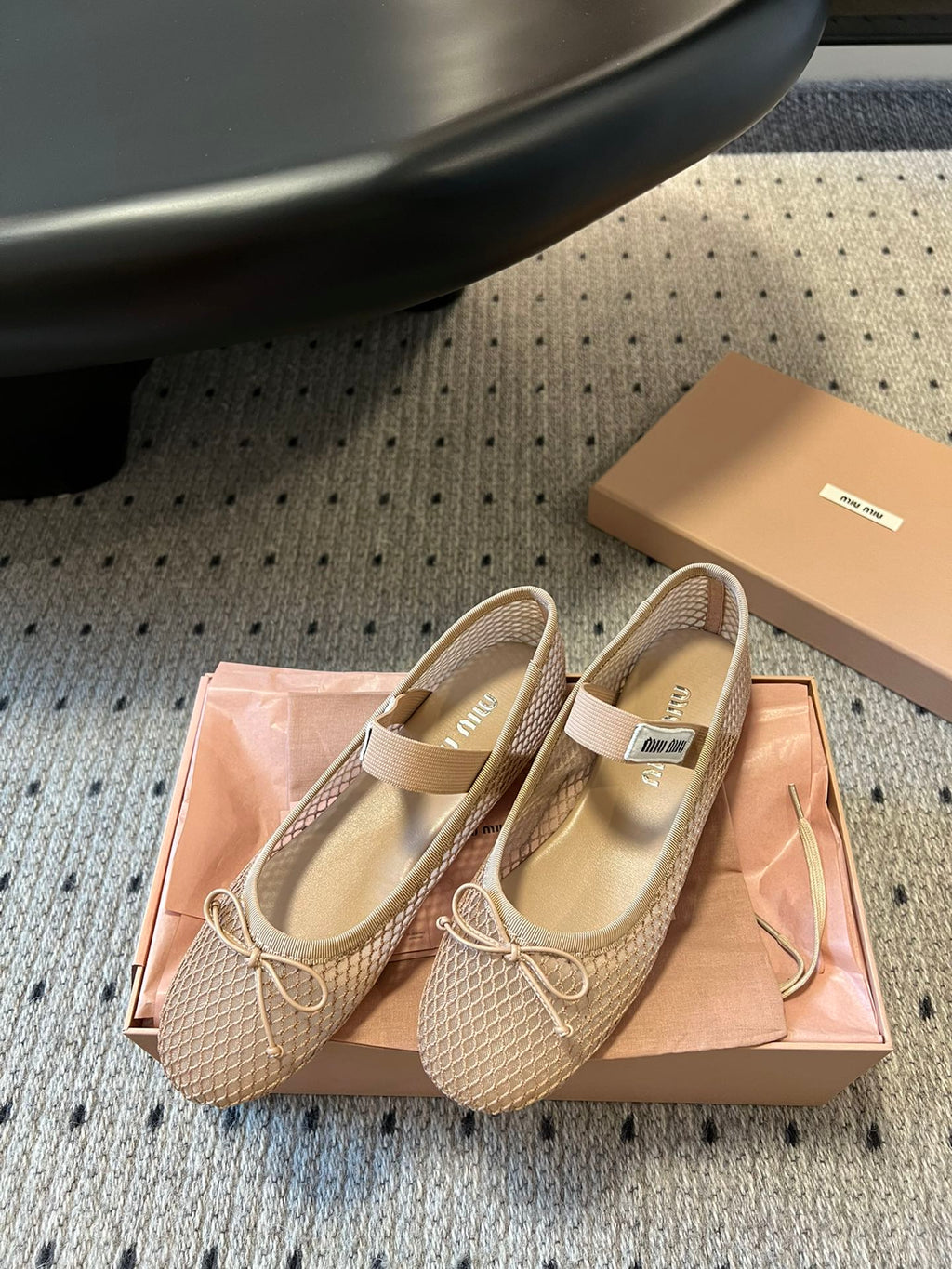 MIUMIU 26S BALLERINAS IN BEIGE MESH FABRIC WITH BOW