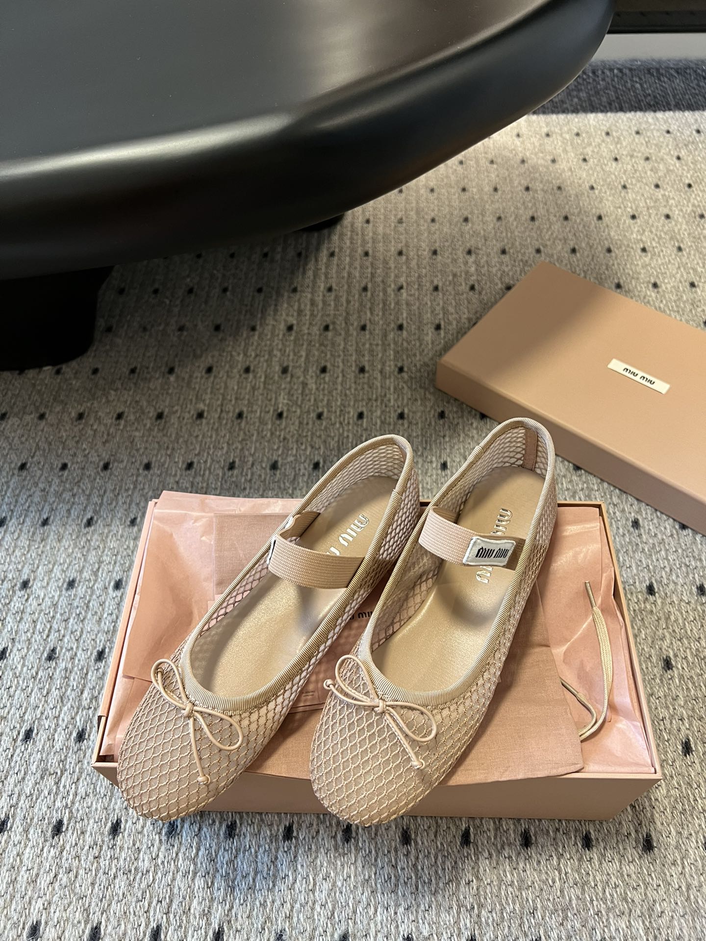 MIUMIU 26S BALLERINAS IN BEIGE MESH FABRIC WITH BOW