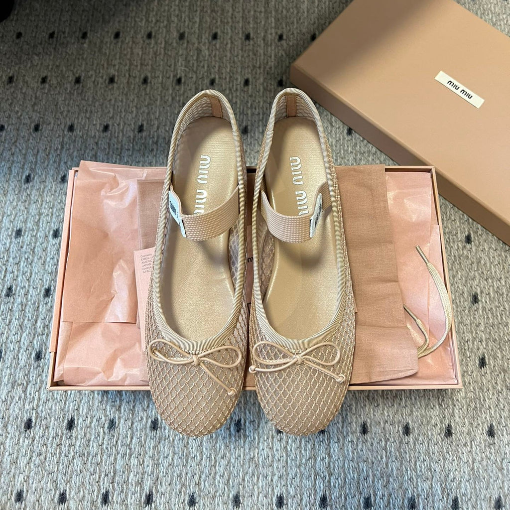 MIUMIU 26S BALLERINAS IN BEIGE MESH FABRIC WITH BOW