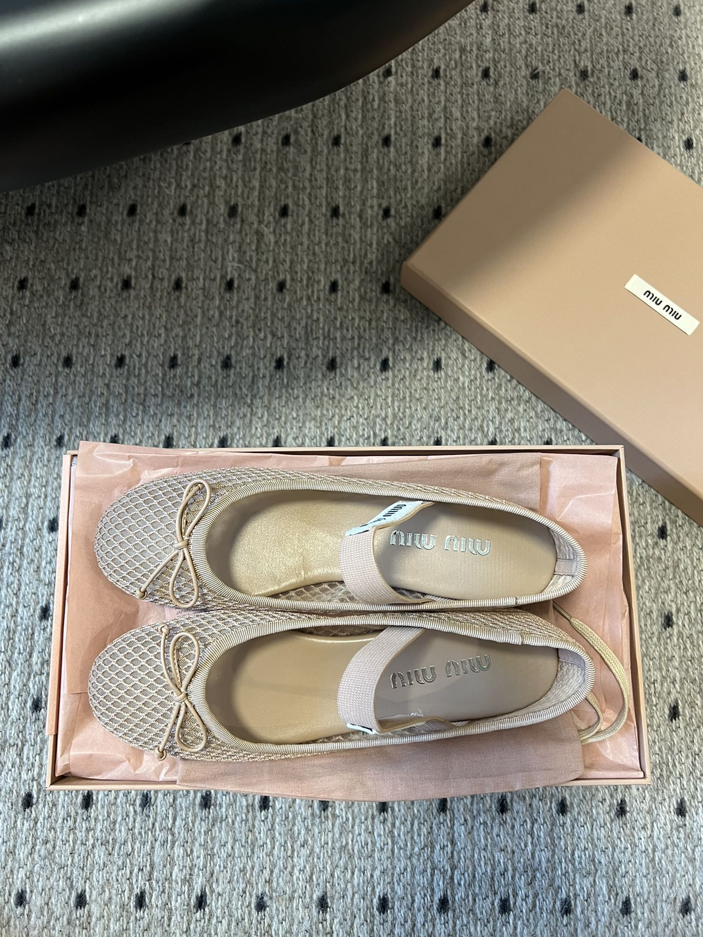 MIUMIU 26S BALLERINAS IN BEIGE MESH FABRIC WITH BOW