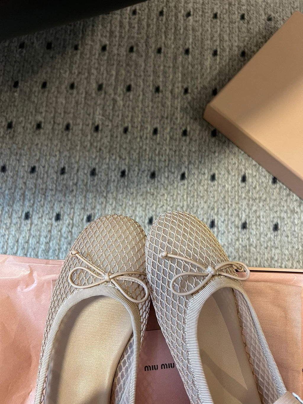 MIUMIU 26S BALLERINAS IN BEIGE MESH FABRIC WITH BOW