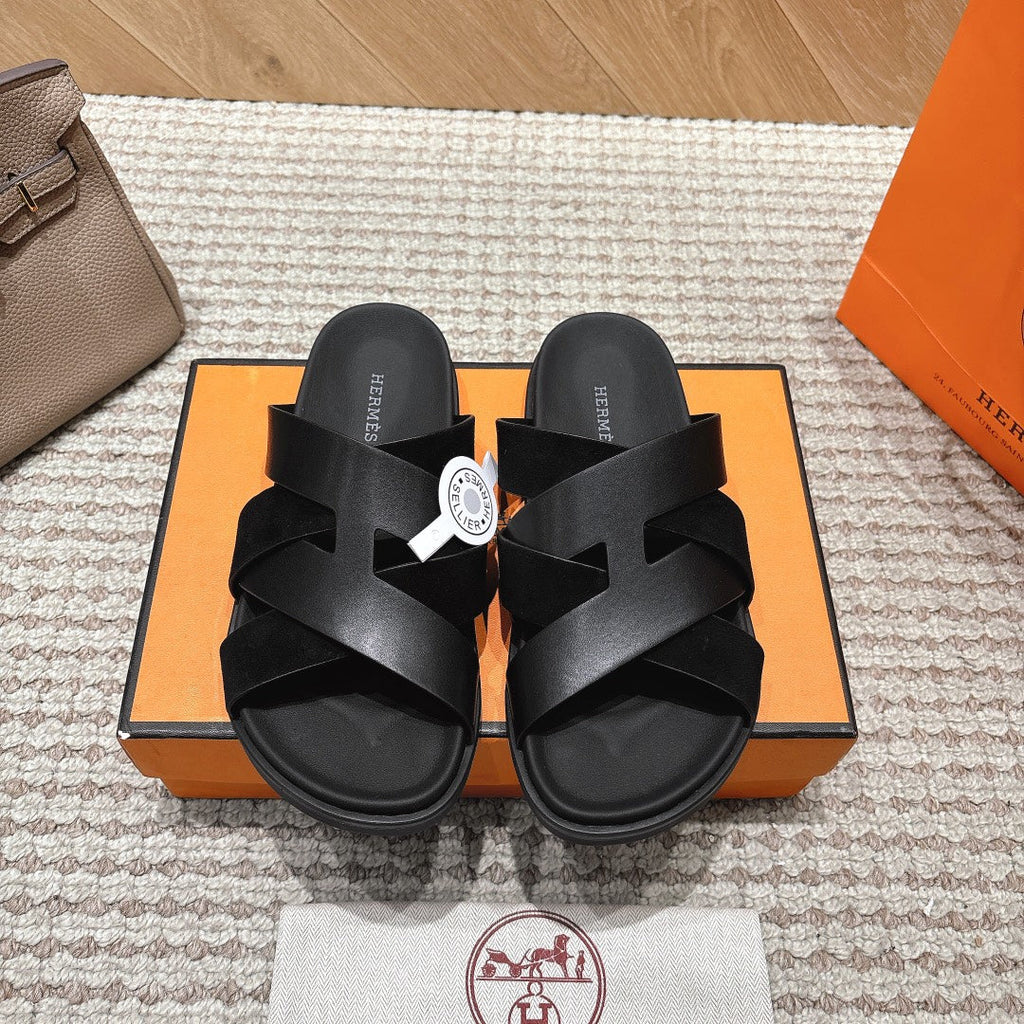 HM 26S CROSS-STRAP SLIDE SANDALS IN BLACK CALFSKIN AND SUEDE