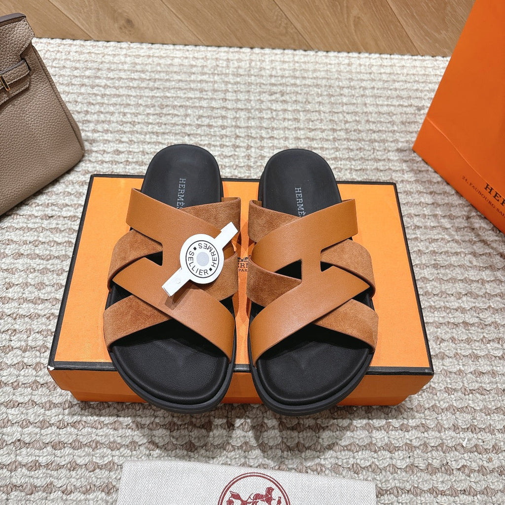 HM 26S CROSS-STRAP SLIDE SANDALS IN CARAMEL BROWN CALFSKIN AND SUEDE