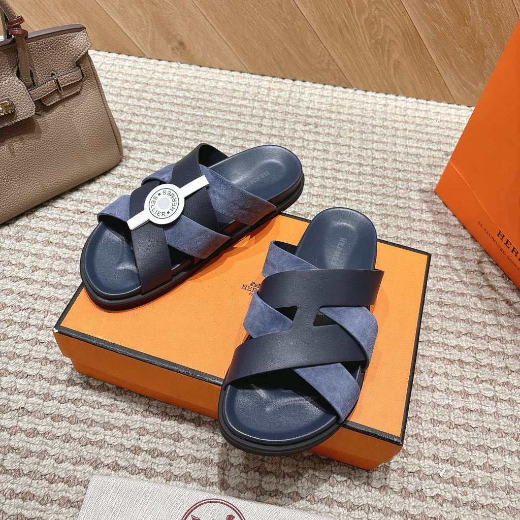 HM 26S CROSS-STRAP SLIDE SANDALS IN NAVY BLUE CALFSKIN AND BLUE SUEDE