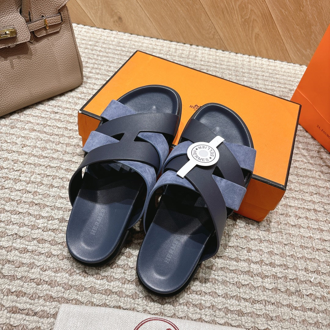 HM 26S CROSS-STRAP SLIDE SANDALS IN NAVY BLUE CALFSKIN AND BLUE SUEDE