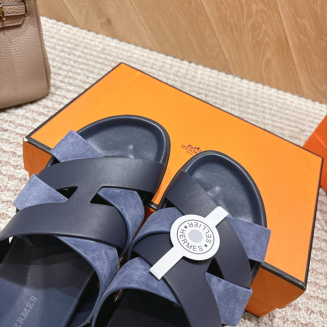 HM 26S CROSS-STRAP SLIDE SANDALS IN NAVY BLUE CALFSKIN AND BLUE SUEDE