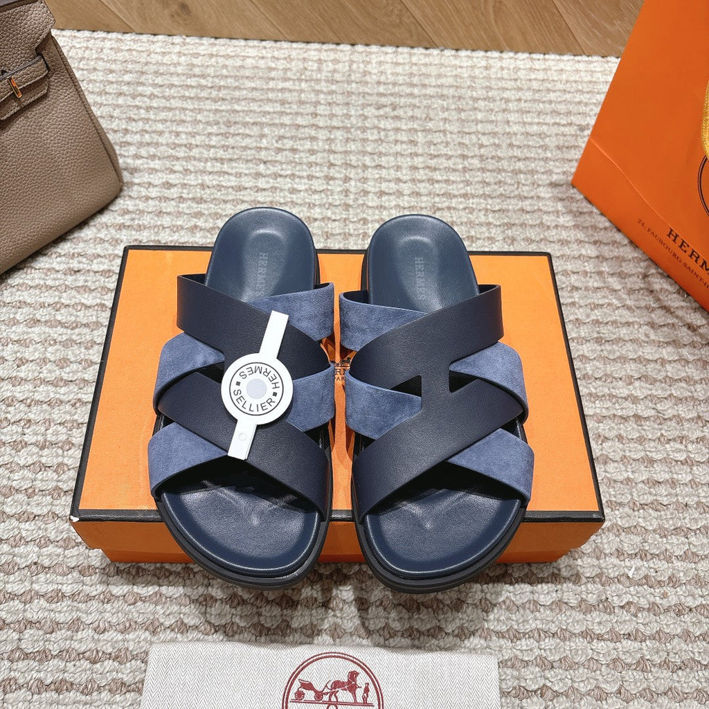HM 26S CROSS-STRAP SLIDE SANDALS IN NAVY BLUE CALFSKIN AND BLUE SUEDE
