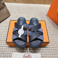 HM 26S CROSS-STRAP SLIDE SANDALS IN NAVY BLUE CALFSKIN AND BLUE SUEDE
