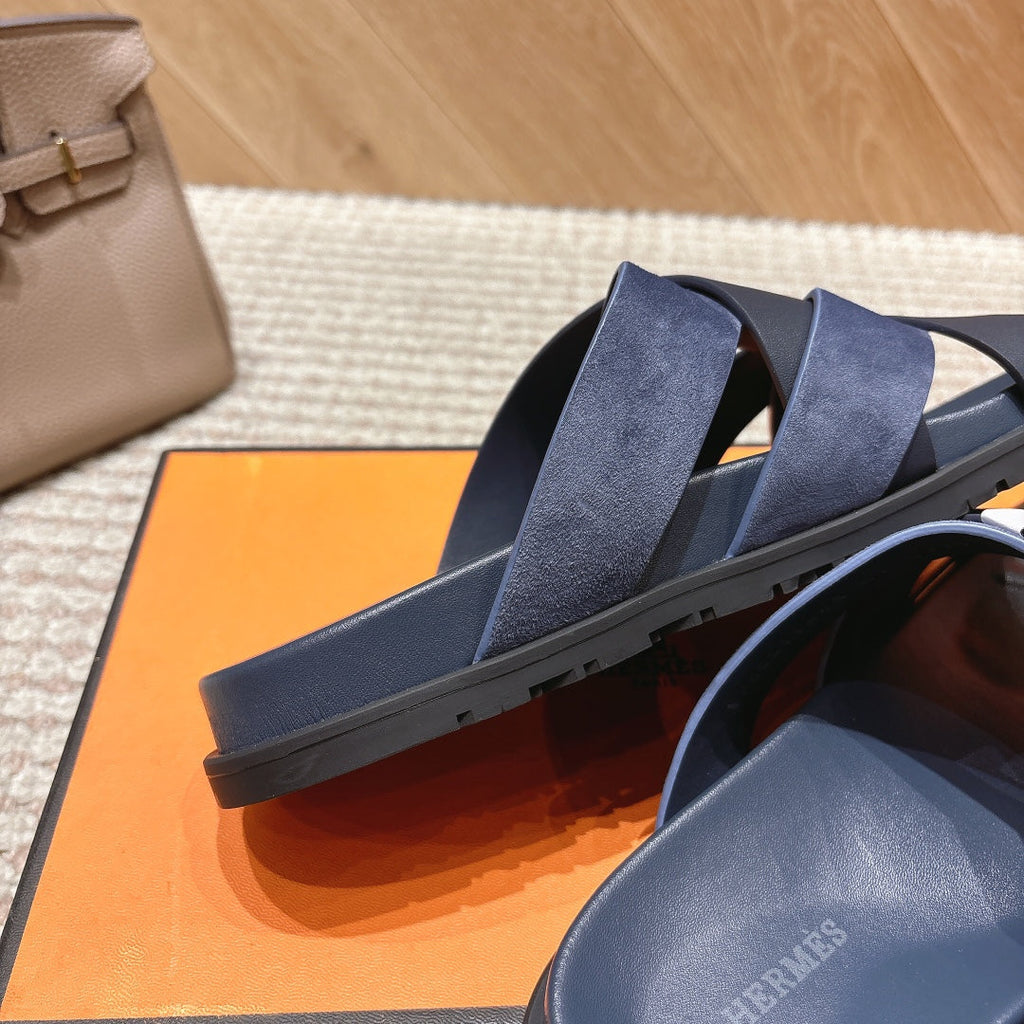 HM 26S CROSS-STRAP SLIDE SANDALS IN NAVY BLUE CALFSKIN AND BLUE SUEDE