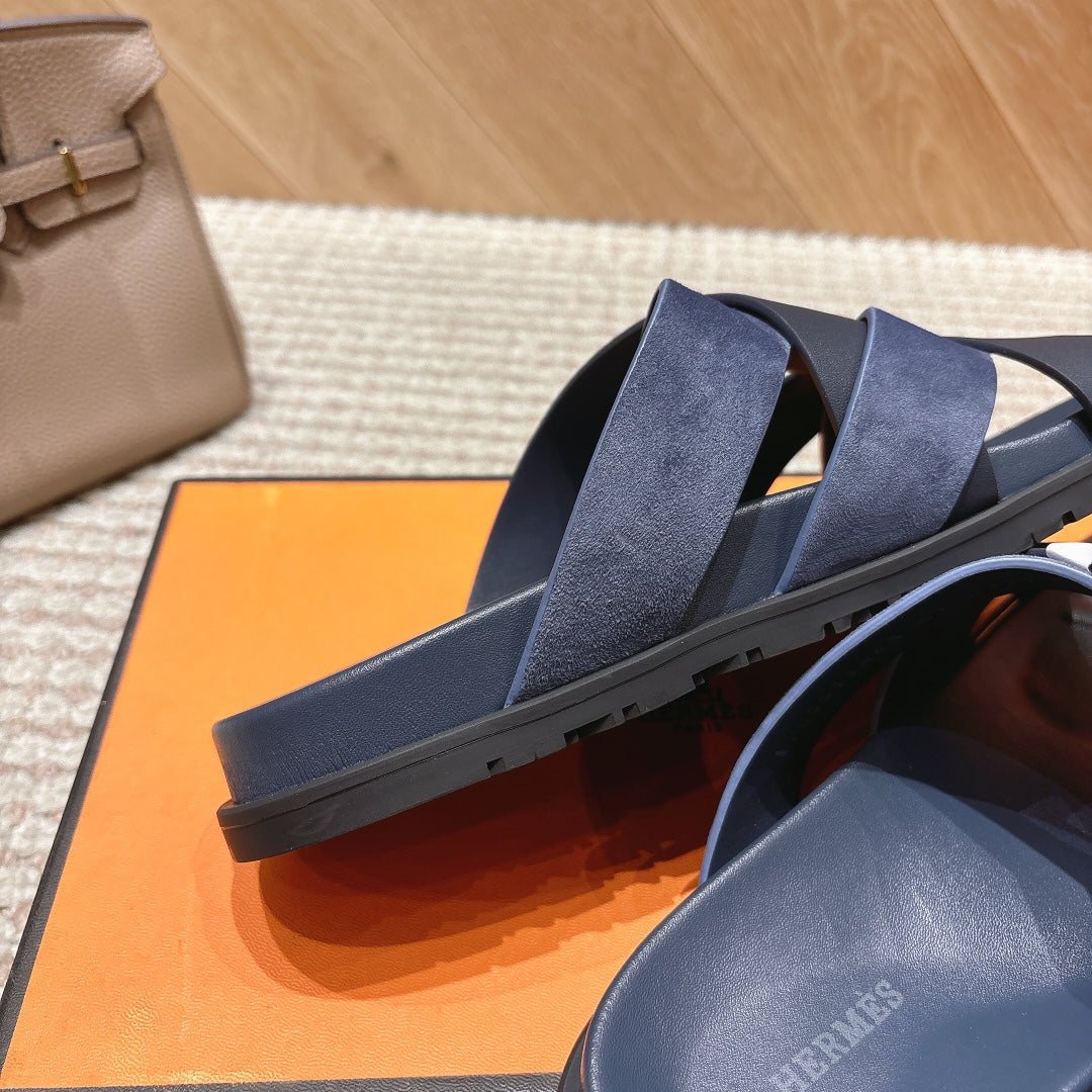 HM 26S CROSS-STRAP SLIDE SANDALS IN NAVY BLUE CALFSKIN AND BLUE SUEDE