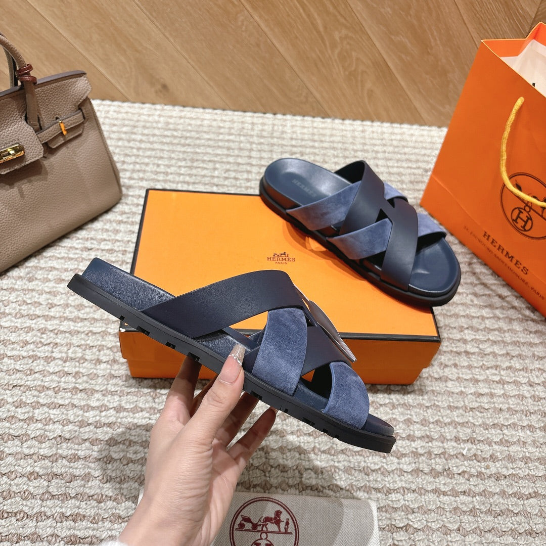 HM 26S CROSS-STRAP SLIDE SANDALS IN NAVY BLUE CALFSKIN AND BLUE SUEDE
