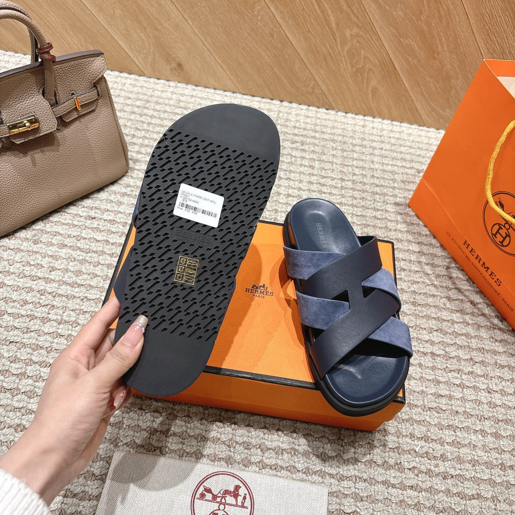 HM 26S CROSS-STRAP SLIDE SANDALS IN NAVY BLUE CALFSKIN AND BLUE SUEDE
