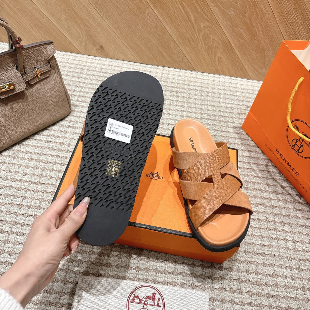 HM 26S CROSS-STRAP SLIDE SANDALS IN TAN BROWN CALFSKIN AND SUEDE