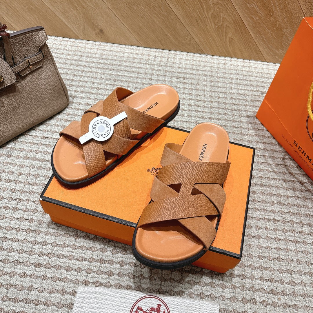 HM 26S CROSS-STRAP SLIDE SANDALS IN TAN BROWN CALFSKIN AND SUEDE