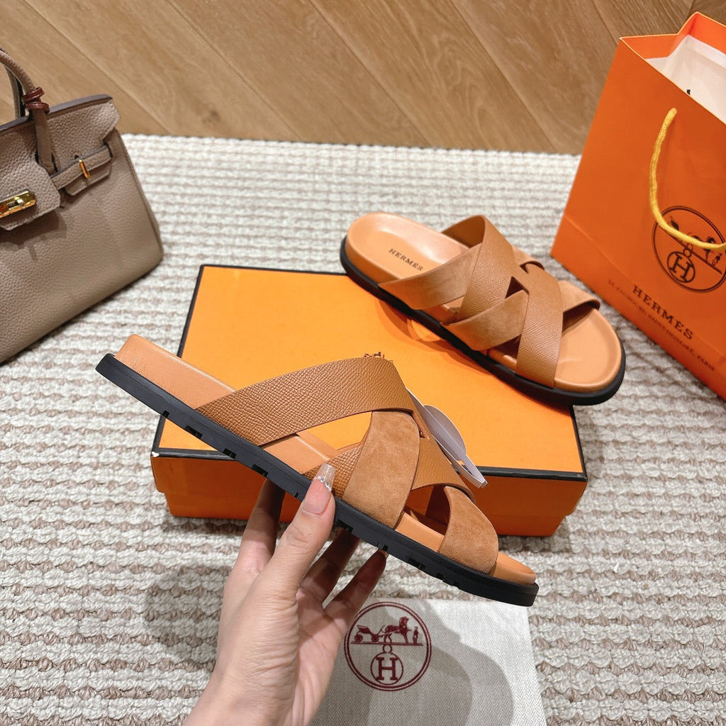 HM 26S CROSS-STRAP SLIDE SANDALS IN TAN BROWN CALFSKIN AND SUEDE