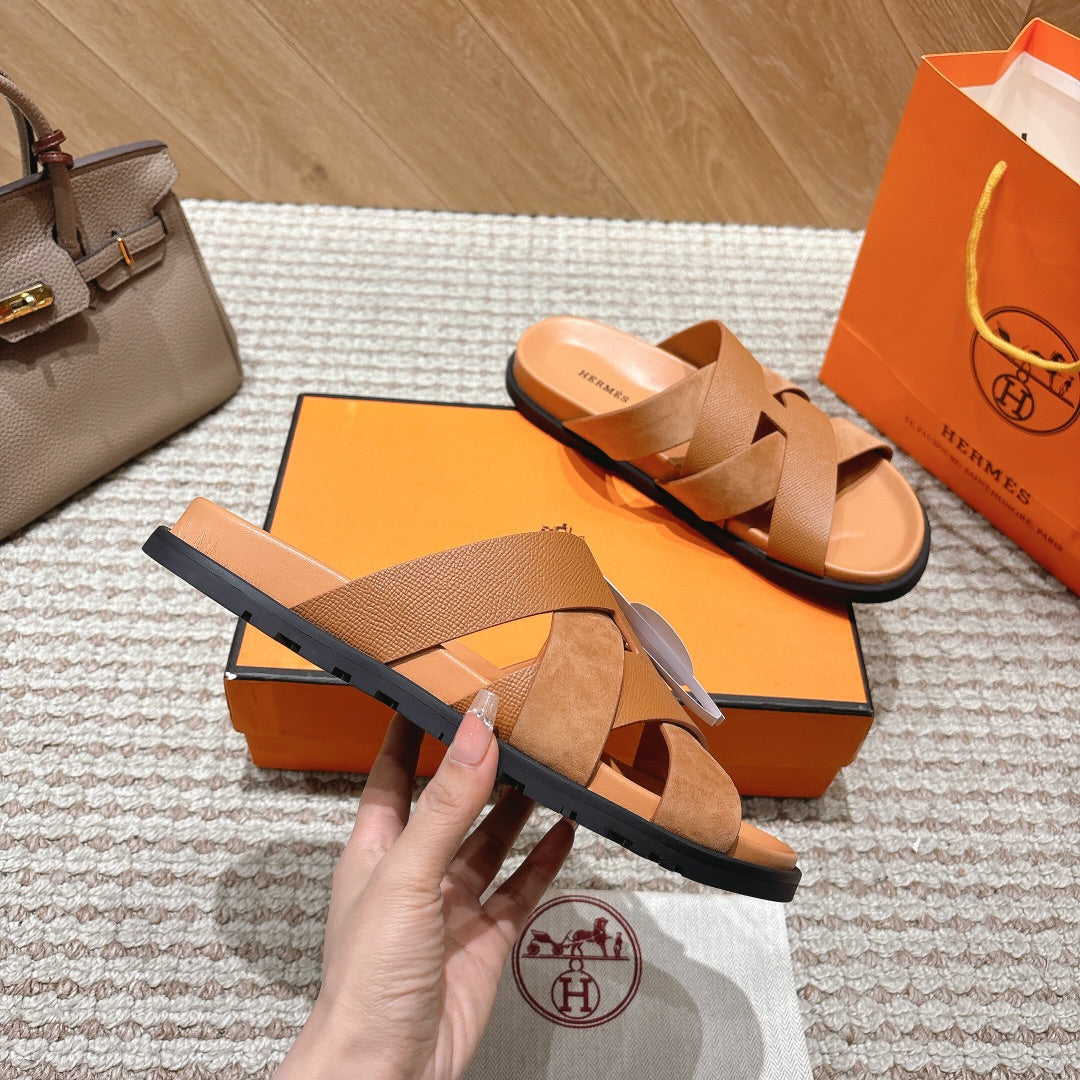 HM 26S CROSS-STRAP SLIDE SANDALS IN TAN BROWN CALFSKIN AND SUEDE