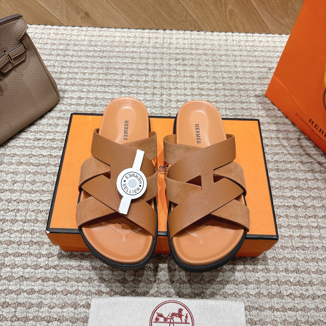 HM 26S CROSS-STRAP SLIDE SANDALS IN TAN BROWN CALFSKIN AND SUEDE