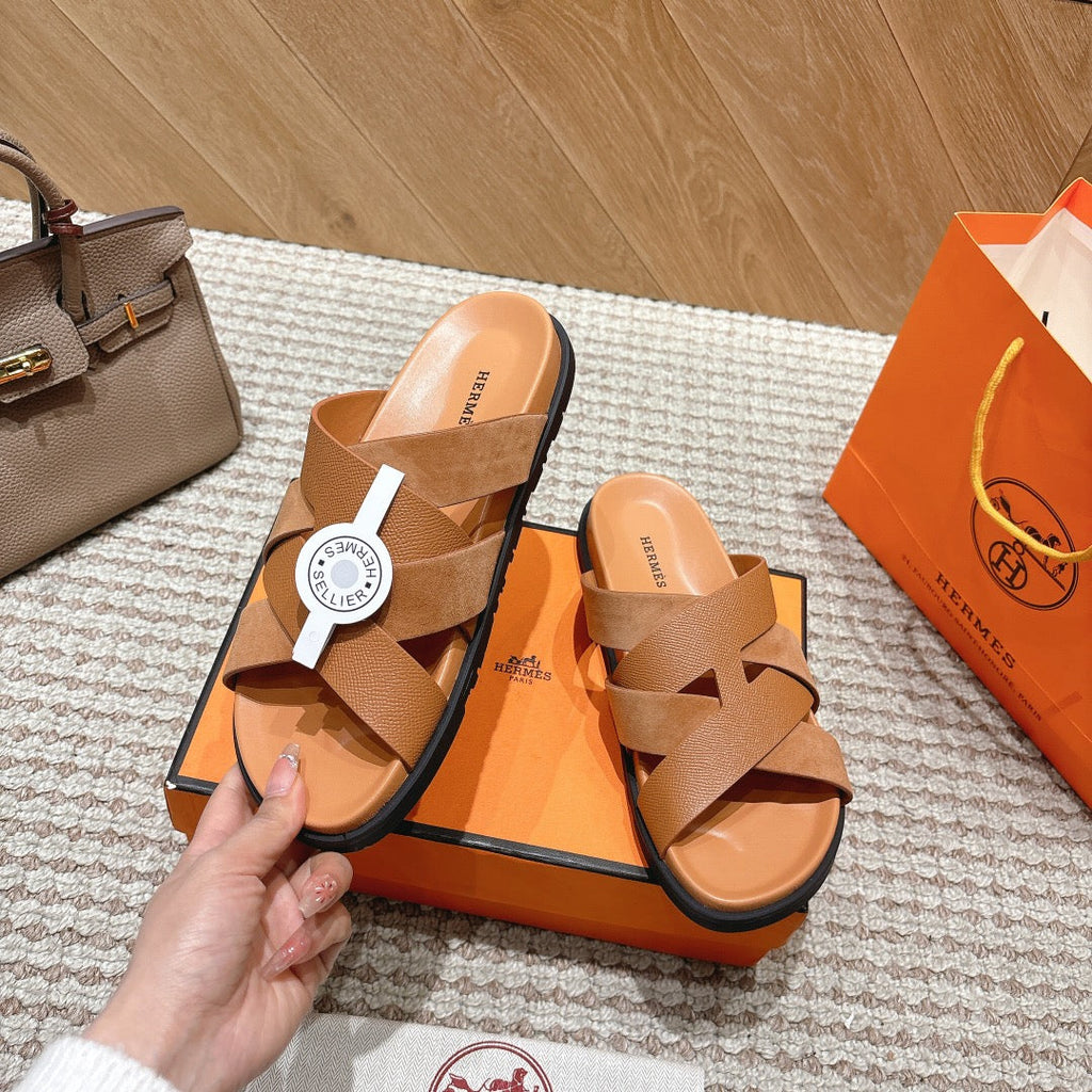 HM 26S CROSS-STRAP SLIDE SANDALS IN TAN BROWN CALFSKIN AND SUEDE