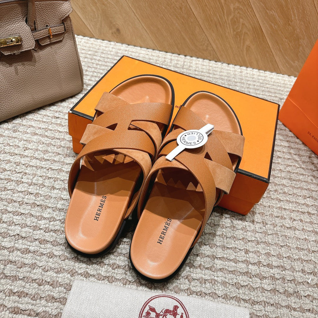 HM 26S CROSS-STRAP SLIDE SANDALS IN TAN BROWN CALFSKIN AND SUEDE