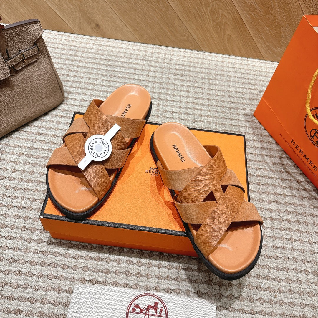 HM 26S CROSS-STRAP SLIDE SANDALS IN TAN BROWN CALFSKIN AND SUEDE