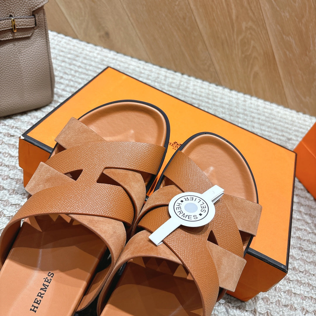 HM 26S CROSS-STRAP SLIDE SANDALS IN TAN BROWN CALFSKIN AND SUEDE
