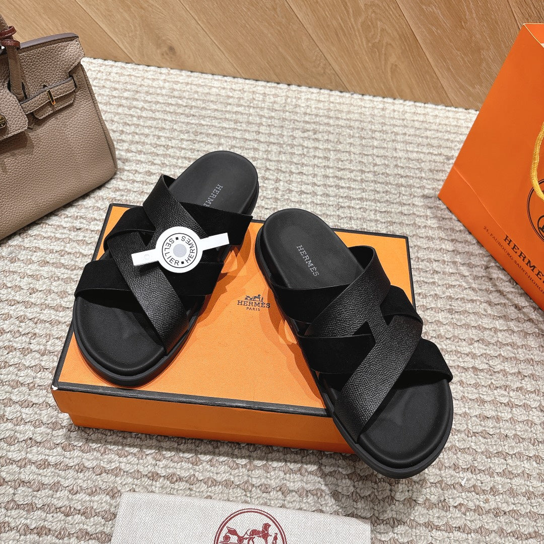 HM 26S CROSS-STRAP SLIDE SANDALS IN BLACK EPSOM CALFSKIN AND SUEDE