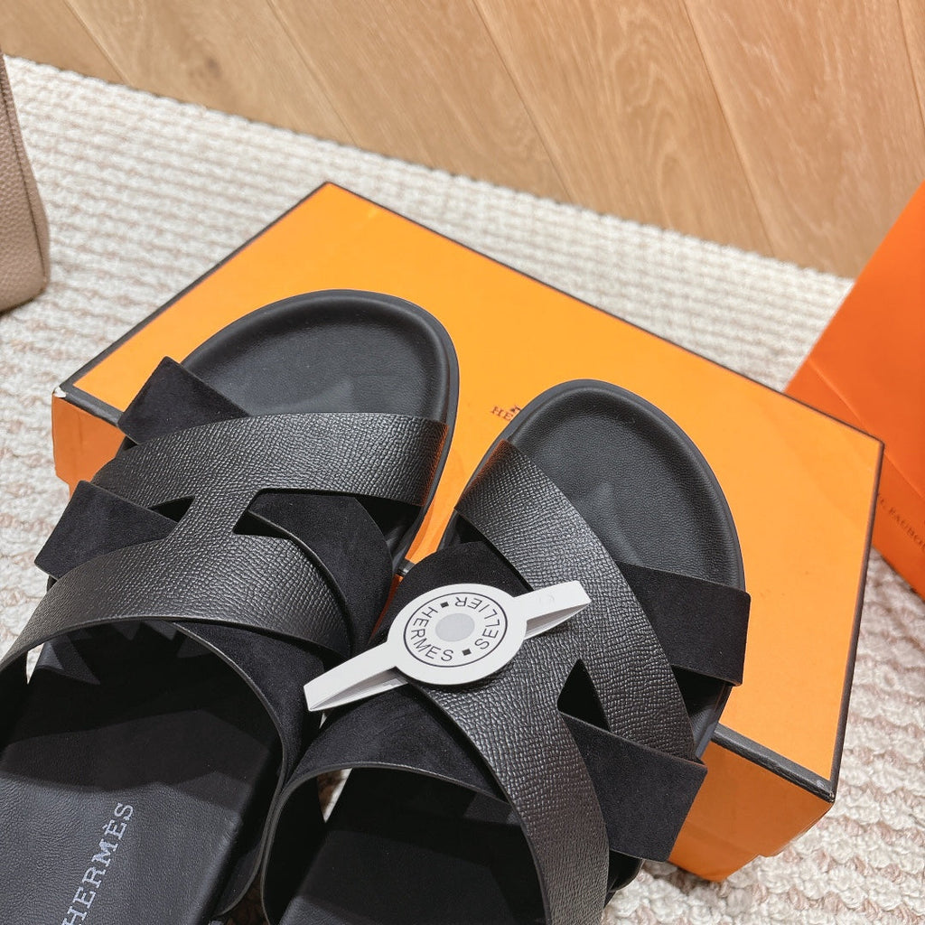 HM 26S CROSS-STRAP SLIDE SANDALS IN BLACK EPSOM CALFSKIN AND SUEDE