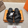 HM 26S CROSS-STRAP SLIDE SANDALS IN BLACK EPSOM CALFSKIN AND SUEDE