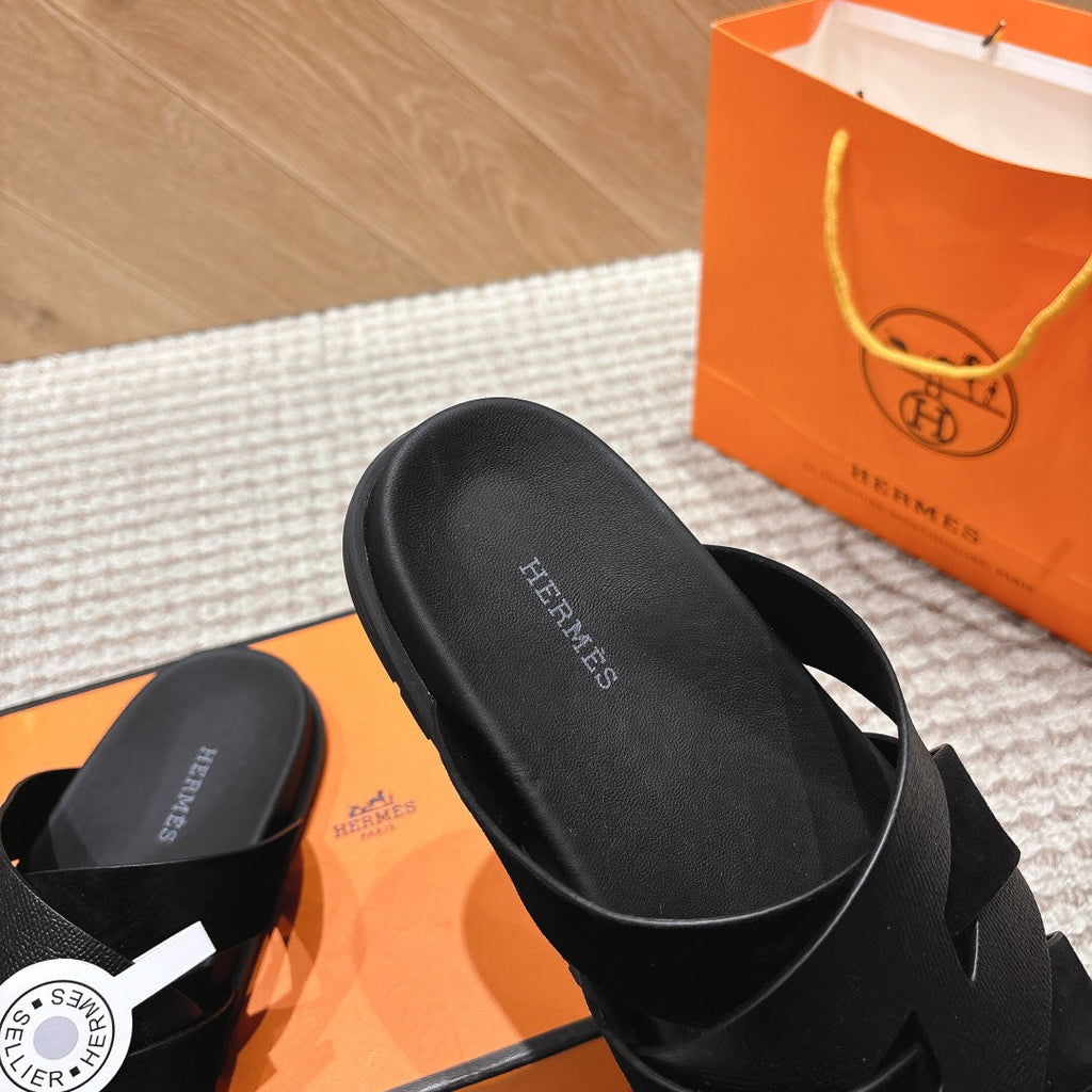 HM 26S CROSS-STRAP SLIDE SANDALS IN BLACK EPSOM CALFSKIN AND SUEDE