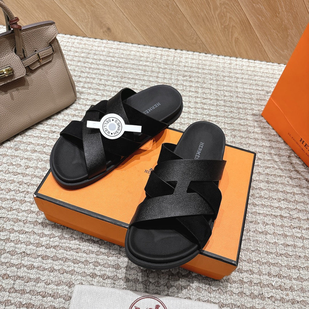 HM 26S CROSS-STRAP SLIDE SANDALS IN BLACK EPSOM CALFSKIN AND SUEDE