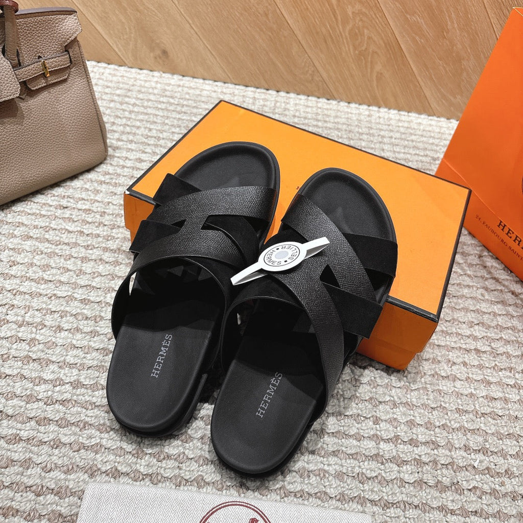 HM 26S CROSS-STRAP SLIDE SANDALS IN BLACK EPSOM CALFSKIN AND SUEDE