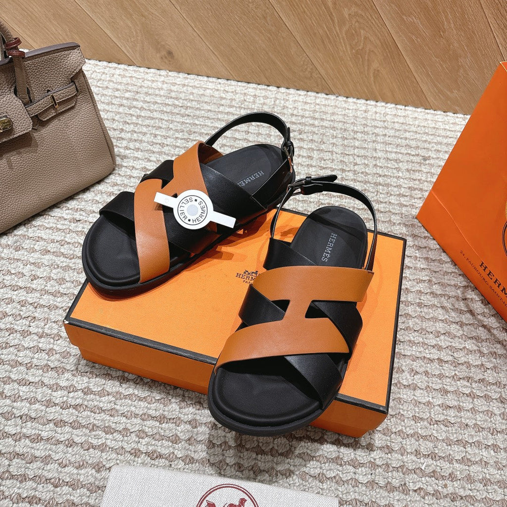 HM 26S CROSS-STRAP SANDALS IN CAMEL BROWN AND BLACK CALFSKIN