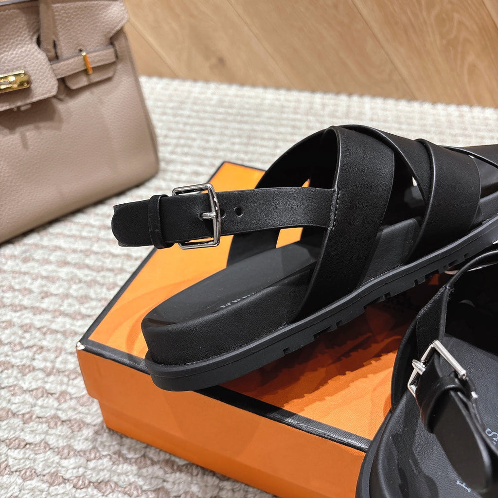 HM 26S CROSS-STRAP SANDALS IN BLACK CALFSKIN