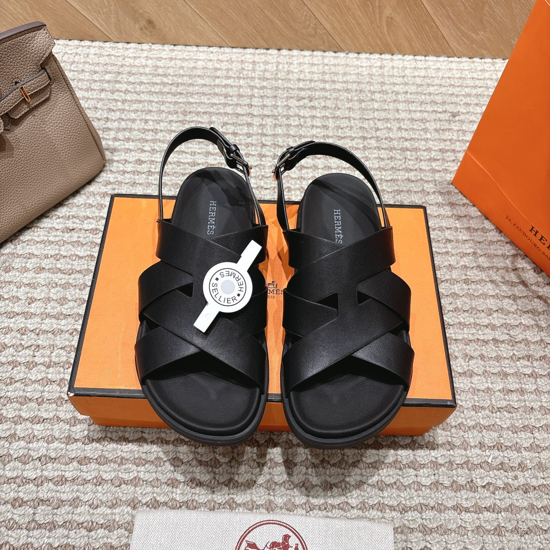HM 26S CROSS-STRAP SANDALS IN BLACK CALFSKIN