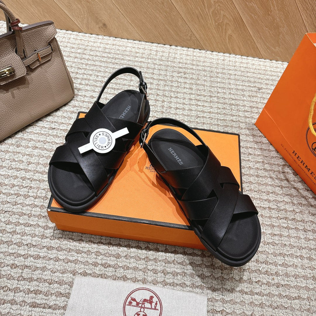 HM 26S CROSS-STRAP SANDALS IN BLACK CALFSKIN