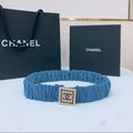 DOUBLE C ELASTIC BELT 30MM IN BLUE DENIM SQUARE GOLD BUCKLE BLACK LOGO