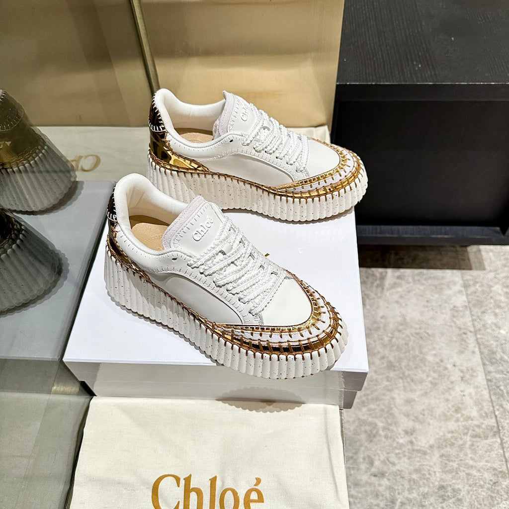 HAND-STITCHED DETAIL SNEAKERS IN WHITE  MIX GOLD CALFSKIN AND SUEDE