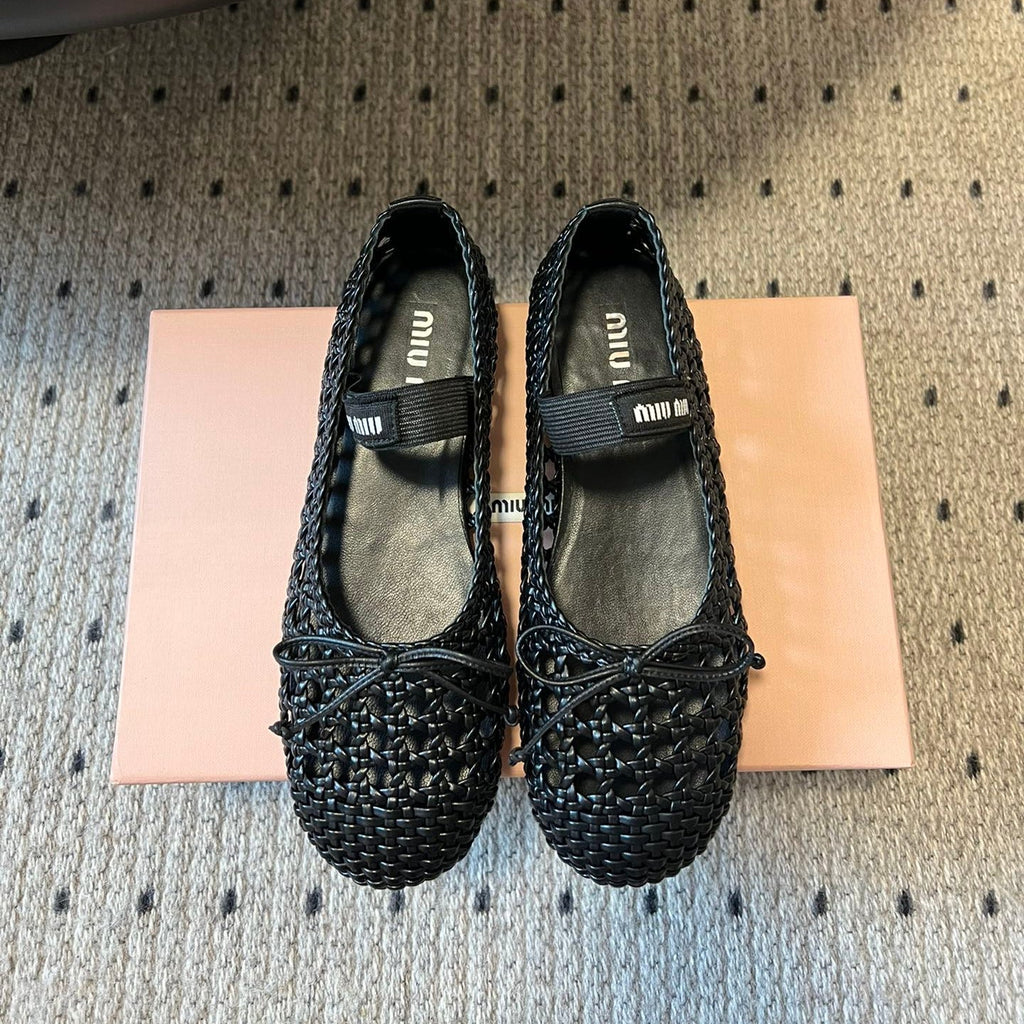 MIUMIU 26S BALLERINA FLATS IN BLACK MESH SHEEPSKIN