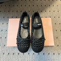 MIUMIU 26S BALLERINA FLATS IN BLACK MESH SHEEPSKIN