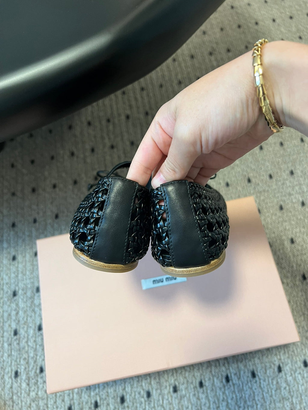 MIUMIU 26S BALLERINA FLATS IN BLACK MESH SHEEPSKIN