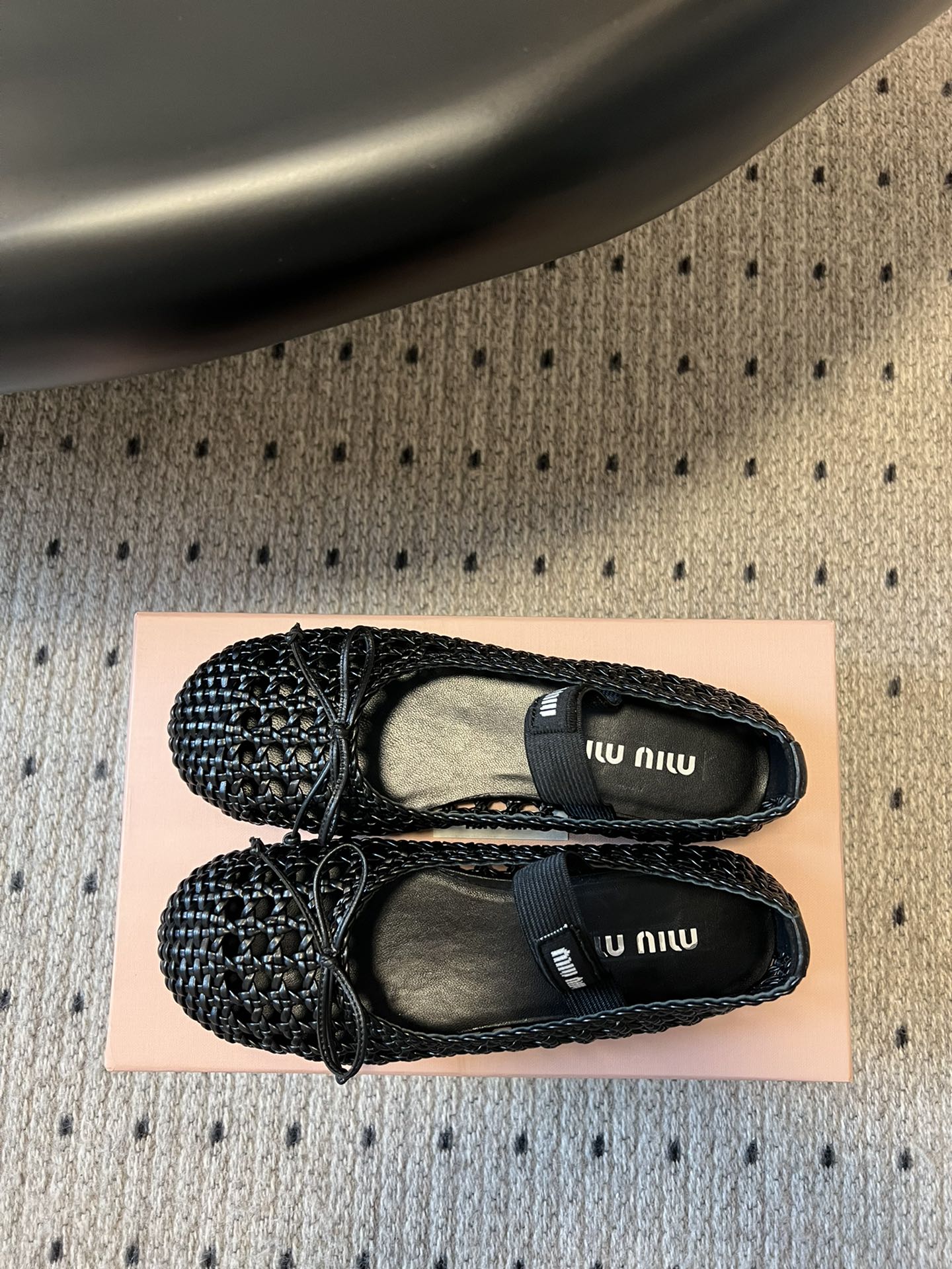 MIUMIU 26S BALLERINA FLATS IN BLACK MESH SHEEPSKIN
